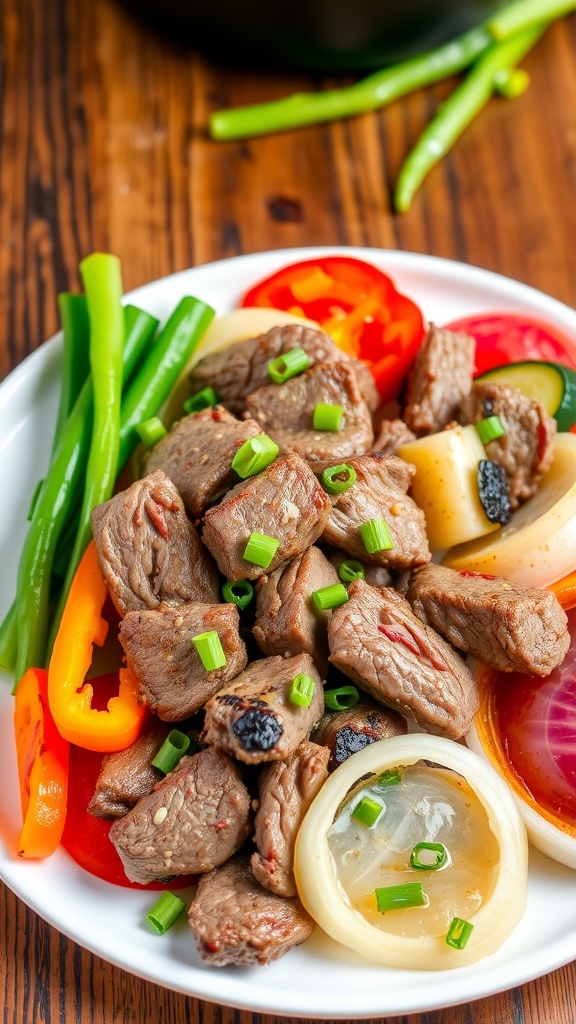 A plate of air fryer hibachi steak and vegetables with bell peppers, zucchini, and onions, garnished with green onions.
